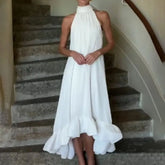 LIZAKOSHT  -  Fashion Irregular Sleeveless Halter Evening Dress Sexy Women Solid Color Loose Party Dress Elegant Off Shoulder Pleat Long Dress